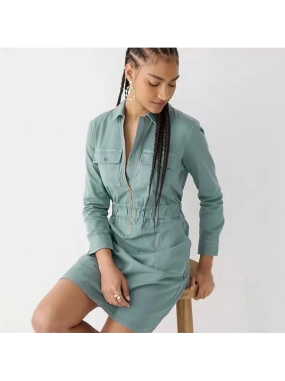 J. Crew Long Sleeve Zip Front Chino Dress Green Cotton 8